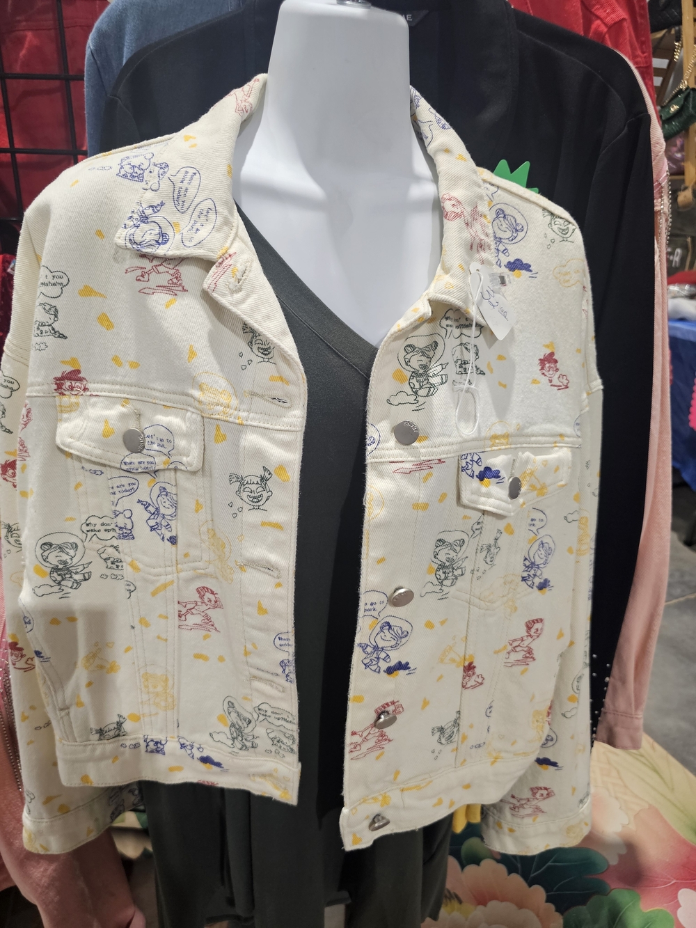 Cream Cartoon Print Denim Jacket
